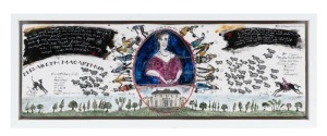 BERNADETTE (Bern) EMMERICHS (1961 - ), "ELIZABETH MACARTHUR" painted fired ceramic plaque, signed "Bern Emmerichs, 2014", Maunsell Wickes Gallery labels verso, 13 x 39.5cm, 16 x 42.5cm overall
