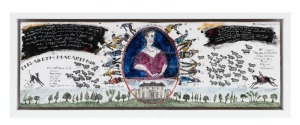 BERNADETTE (Bern) EMMERICHS (1961 - ), "ELIZABETH MACARTHUR" painted fired ceramic plaque, signed "Bern Emmerichs, 2014", Maunsell Wickes Gallery labels verso, 13 x 39.5cm, 16 x 42.5cm overall