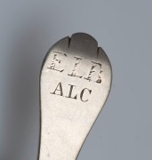 An 18th century CHANNEL ISLANDS silver trefid spoon by THOMAS MAUGER of Jersey, circa 1735, engraved "E.L.B. A.L.C.", 18cm long, 34 grams - 2