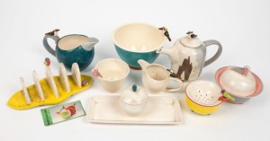 BARBI LOCK LEE Australiana ceramic table ware and tea ware, adorned with Australian birds, (10 items), signed "Barbi", the largest 14cm high