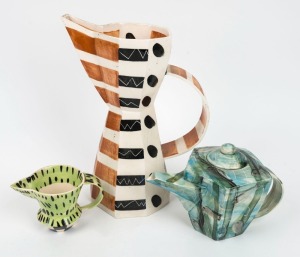 PATSY HELY ceramic teapot and two jugs with painted decoration, (3 items) all signed "P. Hely", the largest 31.5cm high