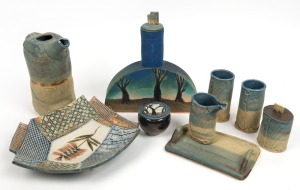 NICKY COADY pottery tea set, trinket box, vase and bowl, (8 items), signed "Nicky", the vase 21.6cm high