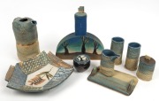 NICKY COADY&nbsp;pottery tea set, trinket box, vase and bowl, (8 items), signed "Nicky", the vase 21.6cm high