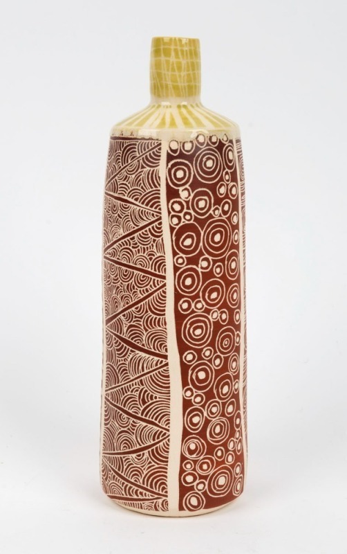 LILLY J. art pottery vase with sgraffito decoration, incised "LILLY J. ERNABELLA ARTS CENTRE, 2013", ​​​​​​​26.5CM HIGH