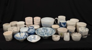 Twenty six assorted Australian contemporary ceramic beakers, cups and vessels, mostly cream, white and blue, including KATI WATSON, the largest 11.5cm high