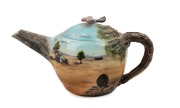 TANYA BECHARA "Teapot #3" pottery example with applied branch handle, hand-painted rural scene and galah finial, incised "Tanya Bechara, Hop'n Frog Pottery", 12cm high, 23cm wide