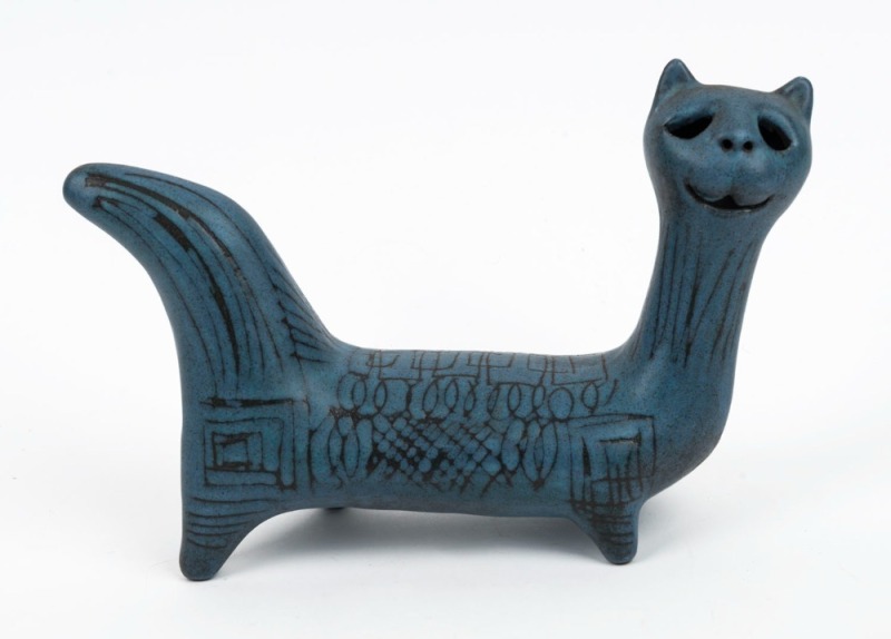 McLAREN "Smiling Cat" blue glazed pottery statue, incised "McLaren", 16.5cm high, 25cm long