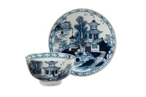 DR WALL WORCESTER antique English pagoda pattern blue and white porcelain tea bowl and saucer, 18th century, (2 items) the saucer 12cm diameter