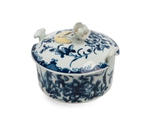 CAUGHLEY antique English blue and white porcelain lidded butter pot with floral finial and yellow highlights, 18th century, blue mark to base, ​​​​​​​9cm high, 12.5cm wide
