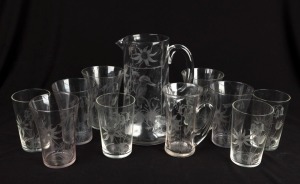 Antique Australian glass water jug and assorted glasses, the jug engraved with kookaburra and flannel flowers, the glasses engraved with flannel flowers, 19th century, (11 items), the jug 19cm high