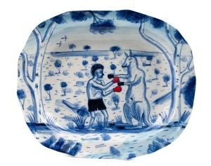 STEPHEN BIRD "Boxing Kangaroo" hand-painted blue and white ceramic platter with red highlights, signed lower right "Bird", 43cm wide