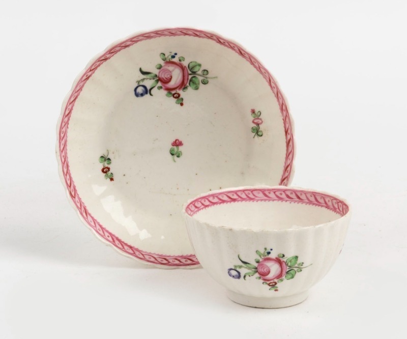 CAUGHLEY antique English tea bowl and saucer, circa 1780, (2 items), the saucer 13.5cm diameter