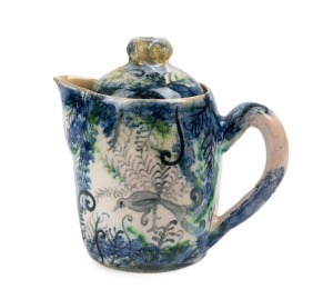 ARTHUR MERRIC BOYD & NEIL DOUGLAS pottery lidded jug, hand-painted with lyre birds and ferns, signed "A. M. Boyd, Neil Douglas, Australia", 13cm high