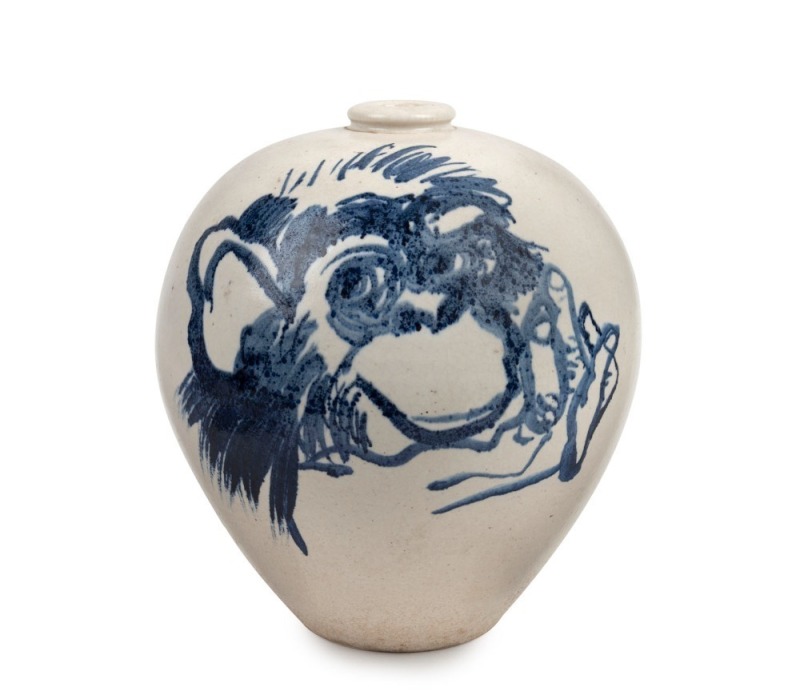 BRETT WHITELEY hand-painted pottery vase thrown by DEREK SMITH, impressed mark "Derek Smith, Blackfriars Pottery", ​​​​​​​24cm high