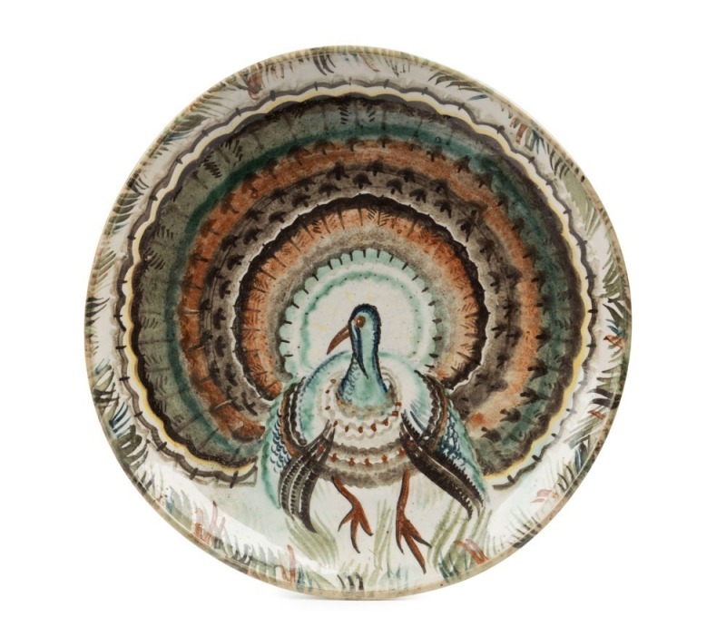 ARTHUR MERRIC BOYD and JOHN PERCEVAL impressive pottery platter with hand-painted turkey decoration, incised "Arthur Merric Boyd, 1948, Perceval", 33cm diameter