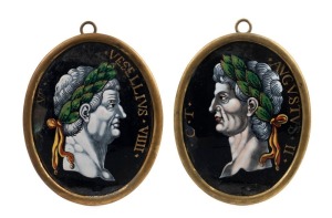 GRAND TOUR pair of antique polychrome enamel plaques of Roman Emperors, 18th/19th century, 12cm high each overall