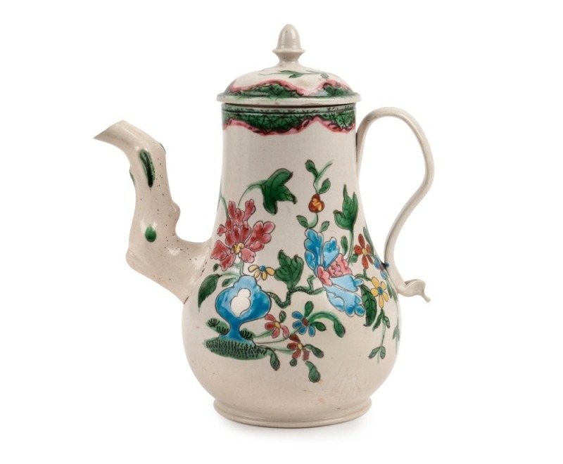 An antique English salt glazed coffee pot with floral enamel decoration, circa 1755, 18cm high