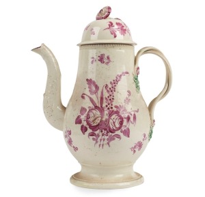 LEEDS POTTERY creamware coffee pot, hand-painted with floral sprays, circa 1780, 26cm high