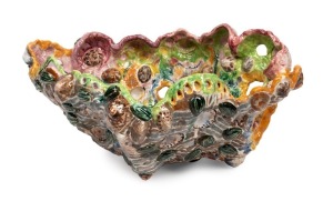 ANN PROCK Australian ceramic bowl of organic form adorned with seashells, artist monogram to base, 18cm high, 40.5cm wide
