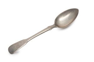 ROBERT BROAD rare Colonial Australian silver spoon with engraved monogram, circa 1835, stamped "R.B." with monarch, leopard's head, W, and lion passant, 14.5cm long, 30 grams.