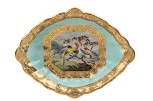 DERBY antique English porcelain sweet meat dish, beautifully painted with exotic birds in landscape, early 19th century, red factory mark to base, 28cm wide