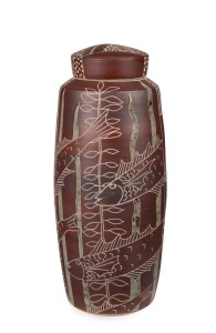 JANET De BOOS brown glazed lidded pottery vase, adorned with sgraffito decoration and waterlily enamel vignettes, incised "De Boos, 2015", 32cm high