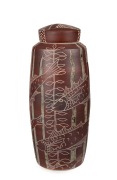 JANET De BOOS brown glazed lidded pottery vase, adorned with sgraffito&nbsp;decoration and waterlily enamel vignettes, incised "De Boos, 2015", 32cm high