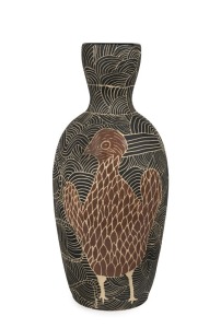 CARLENE THOMPSON impressive exhibition pottery vase, adorned with sgraffito bird decoration, incised "Carlene Thompson", 45cm high