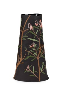 CATHY FRANZI "Pink Spider Flower" porcelain, engobe, sgraffito and glaze vase with dark brown ground, signed "C. Franzi, Pink Spider Flower", 37cm high