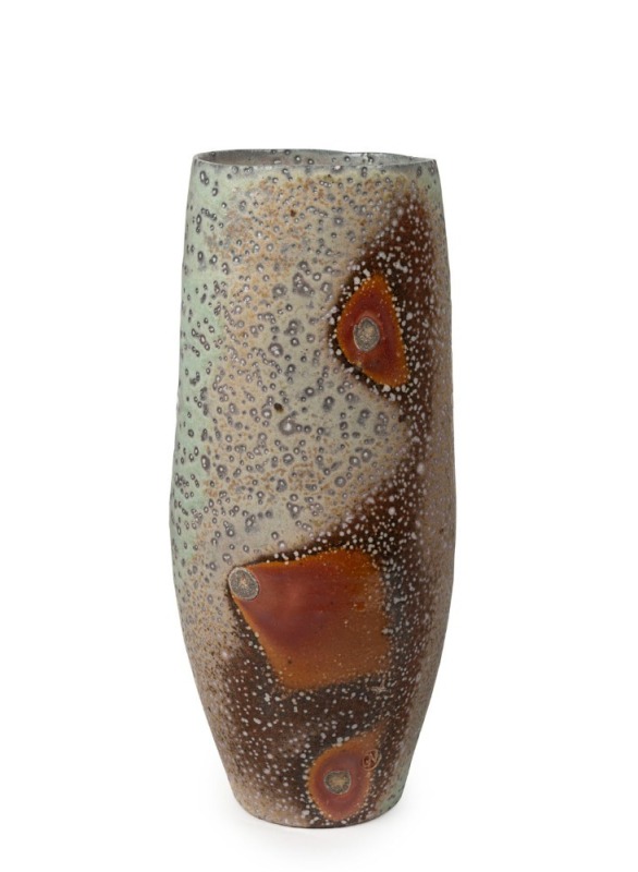 GAIL NICHOLS "Spotted Vase" soda vapour glazed stoneware, exhibition item No.28, monogram seal mark to the side, titled label to base, plus additional gallery title label, ​​​​​​​32.5cm high