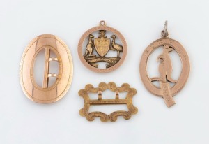 Antique Australian 9ct rose and yellow gold fobs and buckles, 19th/20th century, (4 items), ​​​​​​​9.4 grams total