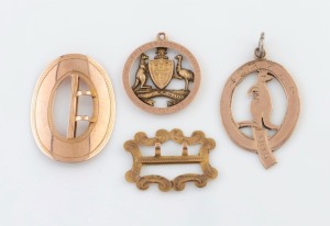 Antique Australian 9ct rose and yellow gold fobs and buckles, 19th/20th century, (4 items), 9.4 grams total