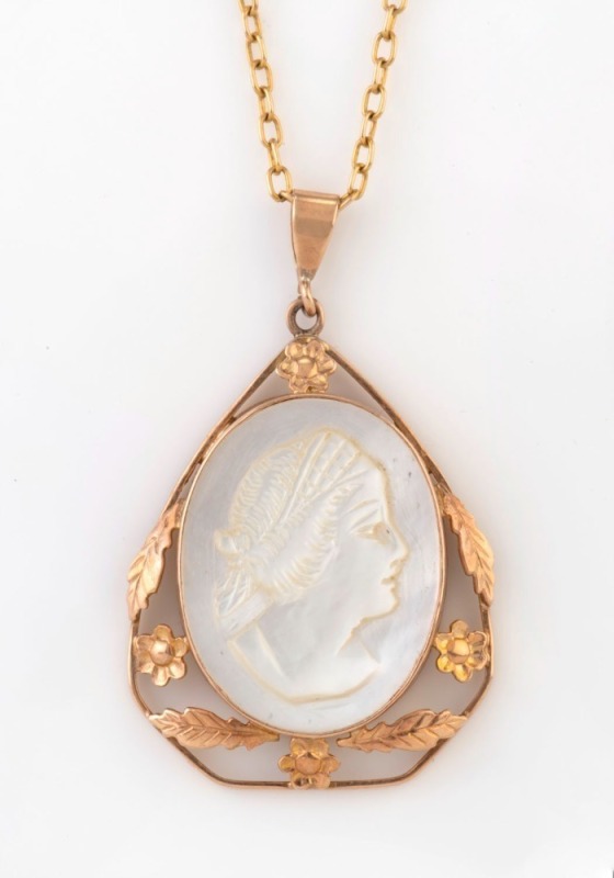 An antique pearl shell cameo portrait pendant mounted in 9ct gold on chain, early 20th century, ​​​​​​​the pendant 3.5cm high