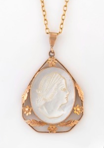 An antique pearl shell cameo portrait pendant mounted in 9ct gold on chain, early 20th century, ​​​​​​​the pendant 3.5cm high