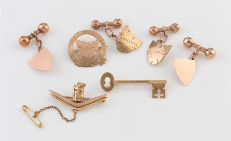 Antique 9ct gold Tasmania brooch, koala and boomerang brooch, key brooch and two pairs of cufflinks, 19th/20th, (5 items), all stamped "9ct" with various maker's marks, ​​​​​​​19.2 grams total