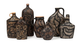 ROBIN BEST, NYUKANA (DAISY) BAKER, "Settlement (Seven Elements), 2005" cast coloured porcelain with black underglazing, (7 items), each signed and dated to base, the largest 32cm high. Provenance: Acquired directly from the artists by Bill Nuttall for The Collectors, Melbourne, 2006. Menzies Auction, June 16th, lot 123.