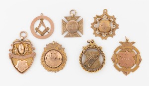 Seven assorted antique 9ct gold fobs, 47.7 grams total