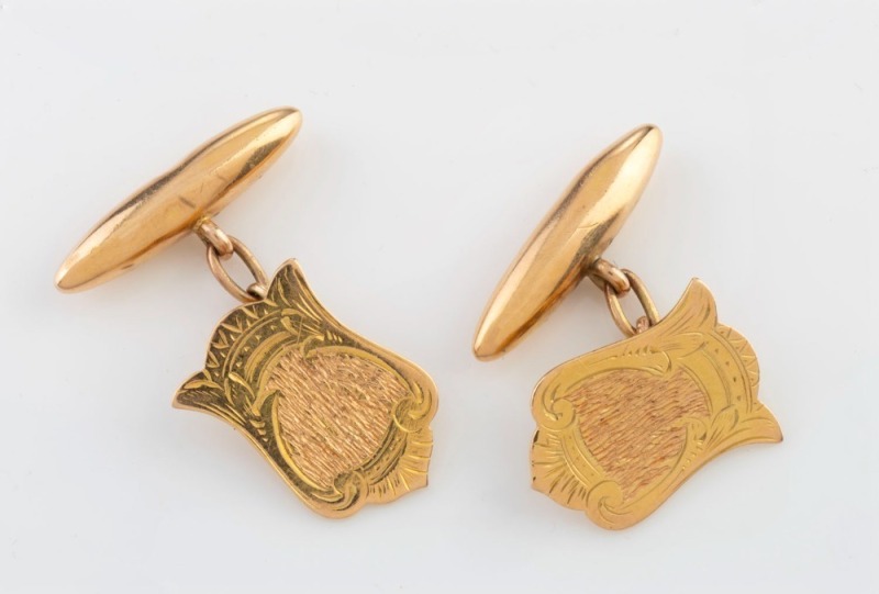 DUGGIN, SHAPPERE & Co. of Melbourne, pair of antique shield shaped 15ct gold cufflinks, 19th/20th century, 7.4 grams total