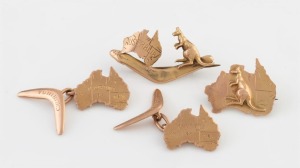 WILLIS & SONS of Melbourne, two 9ct gold Australian map and kangaroo brooches (one perched on boomerang), together with a pair of 9ct gold Australian map Federation cufflinks, (3 items), the largest 4cm wide, 13.1 grams total