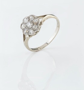 An 18ct white gold and platinum diamond cluster ring, stamped "18ct & PT.", 2.4 grams