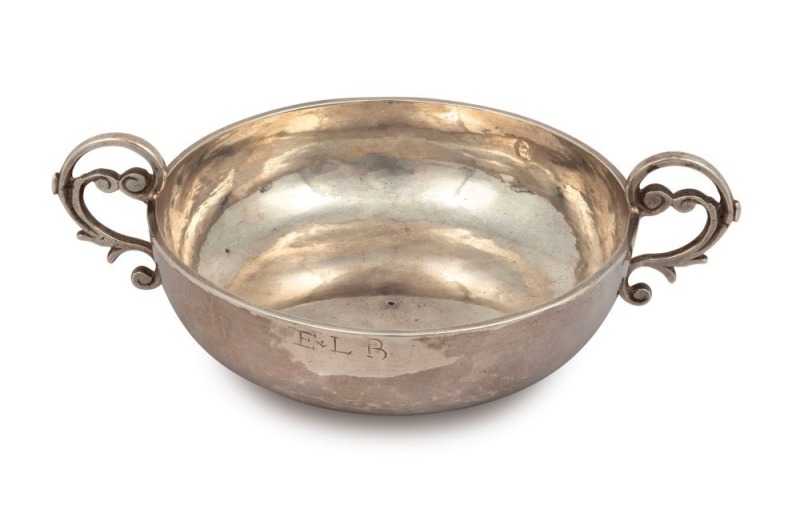 An 18th century CHANNEL ISLANDS silver christening cup by JACQUES LIMBOUR of Jersey, circa 1775, engraved "E.L.B.", 4.2cm high, 15cm wide, 126 grams