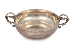 An 18th century CHANNEL ISLANDS silver christening cup by JACQUES LIMBOUR of Jersey, circa 1775, engraved "E.L.B.", 4.2cm high, 15cm wide, 126 grams