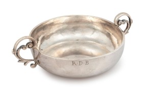 An 18th century CHANNEL ISLANDS silver christening cup, made in Jersey, stamped "I.A.", circa 1775, engraved "R.D.B.", 4cm high, 15cm wide, 132 grams