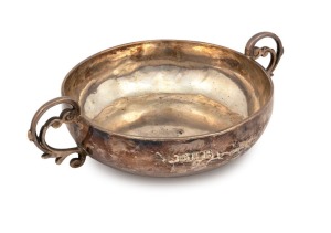 An 18th century CHANNEL ISLANDS silver christening cup, made in Jersey, stamped "P.B.", circa 1740, engraved "E.L.B.", 4cm high, 15cm wide, 110 grams