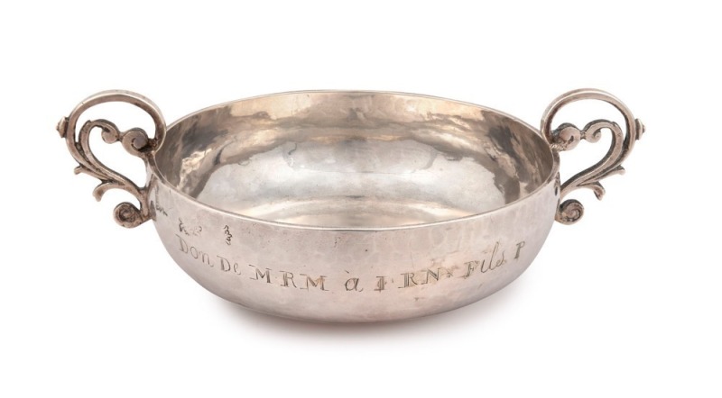 An 18th century CHANNEL ISLANDS silver christening cup by ROBERT De BARBEDOR of Jersey, circa 1700, engraved "K.L.C." and with additional inscription on reverse, 4cm high, 13cm wide, 80 grams