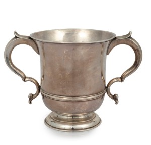 An 18th century CHANNEL ISLANDS silver porringer or loving cup by THOMAS DAVID MAUGER of Jersey, circa 1750, with "TM" mark and engraved with ownership initials to base, 12cm high, 18cm wide, 420 grams