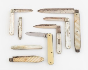 Group of eight assorted antique pen knives, seven with sterling silver blades and mother of pearl handles, the other in steel and bone, 19th/20th century, (8 items), the largest 20cm long when open