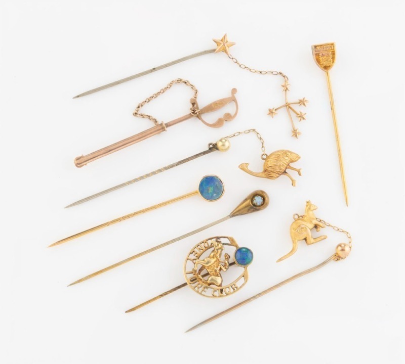 Eight assorted stickpins, including "SYDNEY TURF CLUB" example, plus a boxed Jersey example by P. LE GEYT, 19th/20th century, the largest 7cm long, 12.6 grams total