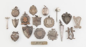 Antique silver fobs, brooches, stickpin, clasp, locket etc, 19th/20th century, (18 items), 97 grams total