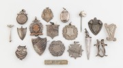 Antique silver fobs, brooches, stickpin, clasp, locket etc, 19th/20th century, (18 items), 97 grams total